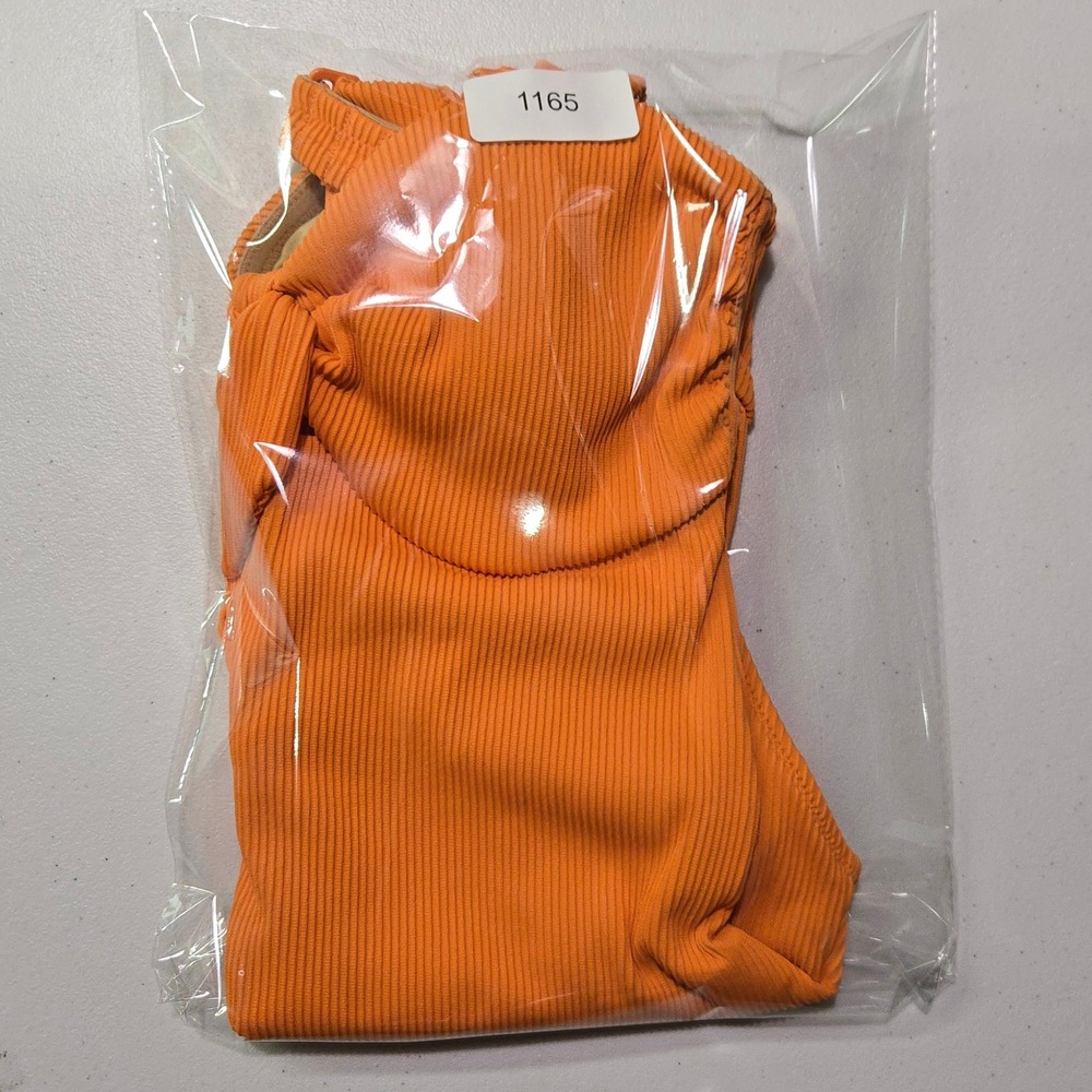 Old Navy Womens Orange Ribbed Tie Front One Piece Swimsuit Size M Cutout Back - Picture 9 of 9
